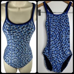 Dolfin One Piece Swimsuit NO Size Blue Black Geometric Lined Approx XS Racerback